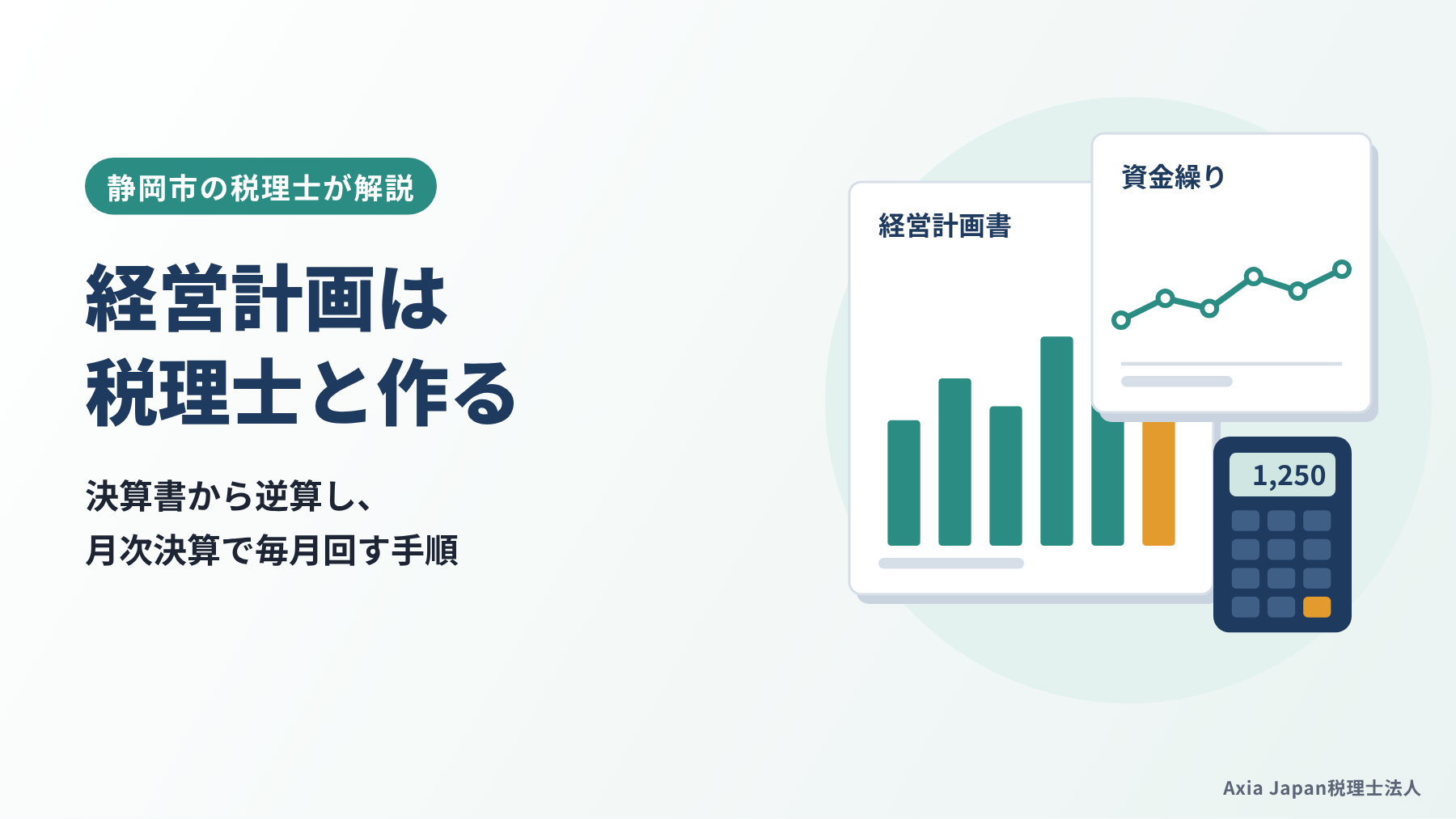 経営計画を税理士と作る手順を解説する記事のタイトルと、計画書・グラフ・電卓のイラスト